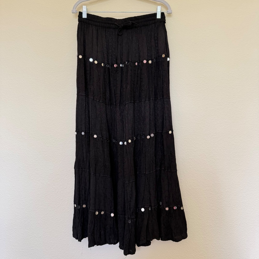 Whimsygoth Black Tiered Maxi Skirt Sequin Dark Romantic Gypsy Boho Sparly
